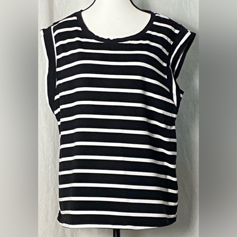 WIHOLL Black White Striped Cap Sleeve Crew Neck Muscle Tee Tank Top XL